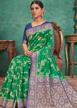 Load image into Gallery viewer, Jade Green Woven Raw Silk Saree with Contrast Border &amp; Pallu