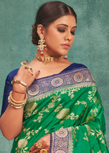 Load image into Gallery viewer, Jade Green Woven Raw Silk Saree with Contrast Border &amp; Pallu