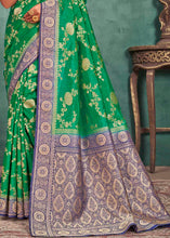Load image into Gallery viewer, Jade Green Woven Raw Silk Saree with Contrast Border &amp; Pallu