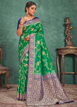 Load image into Gallery viewer, Jade Green Woven Raw Silk Saree with Contrast Border &amp; Pallu