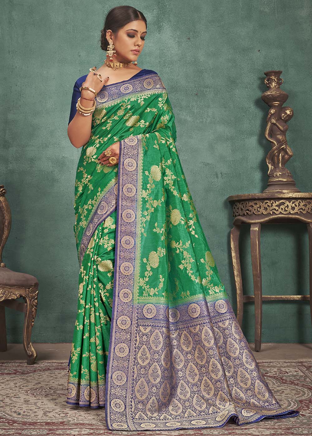 Jade Green Woven Raw Silk Saree with Contrast Border & Pallu