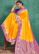 Load image into Gallery viewer, Aureolin Yellow Woven Raw Silk Saree with Contrast Border &amp; Pallu