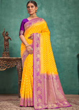 Load image into Gallery viewer, Aureolin Yellow Woven Raw Silk Saree with Contrast Border &amp; Pallu