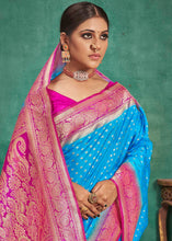 Load image into Gallery viewer, Cerulean Blue Woven Raw Silk Saree with Contrast Border &amp; Pallu