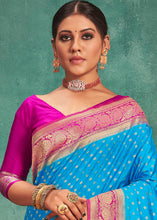 Load image into Gallery viewer, Cerulean Blue Woven Raw Silk Saree with Contrast Border &amp; Pallu