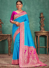Load image into Gallery viewer, Cerulean Blue Woven Raw Silk Saree with Contrast Border &amp; Pallu