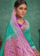 Load image into Gallery viewer, Turquoise Blue Woven Raw Silk Saree with Contrast Border &amp; Pallu