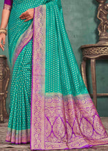 Load image into Gallery viewer, Turquoise Blue Woven Raw Silk Saree with Contrast Border &amp; Pallu