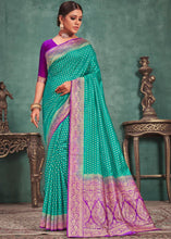 Load image into Gallery viewer, Turquoise Blue Woven Raw Silk Saree with Contrast Border &amp; Pallu