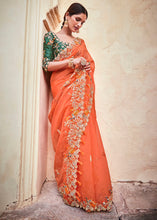 Load image into Gallery viewer, Blaze Orange Organza Saree with Thread,Mirror &amp; Dori work