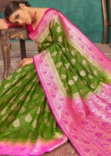 Load image into Gallery viewer, Olive Green Woven Raw Silk Saree with Contrast Border &amp; Pallu