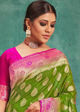 Load image into Gallery viewer, Olive Green Woven Raw Silk Saree with Contrast Border &amp; Pallu