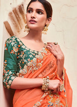 Load image into Gallery viewer, Blaze Orange Organza Saree with Thread,Mirror &amp; Dori work