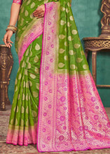 Load image into Gallery viewer, Olive Green Woven Raw Silk Saree with Contrast Border &amp; Pallu