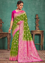 Load image into Gallery viewer, Olive Green Woven Raw Silk Saree with Contrast Border &amp; Pallu