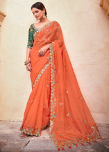 Load image into Gallery viewer, Blaze Orange Organza Saree with Thread,Mirror &amp; Dori work
