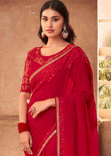 Load image into Gallery viewer, Rufous Red Designer Embroidered Georgette Saree with Sequence work