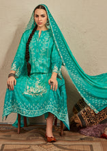 Load image into Gallery viewer, Turquoise Green Digital Printed Cotton Silk Suit With Parsi Embroidery work