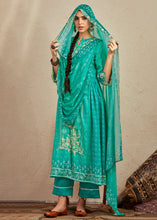 Load image into Gallery viewer, Turquoise Green Digital Printed Cotton Silk Suit With Parsi Embroidery work