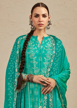 Load image into Gallery viewer, Turquoise Green Digital Printed Cotton Silk Suit With Parsi Embroidery work