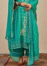 Load image into Gallery viewer, Turquoise Green Digital Printed Cotton Silk Suit With Parsi Embroidery work