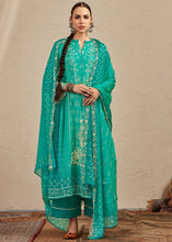 Load image into Gallery viewer, Turquoise Green Digital Printed Cotton Silk Suit With Parsi Embroidery work