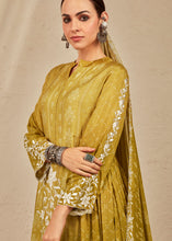 Load image into Gallery viewer, Mustard Yellow Digital Printed Cotton Silk Suit With Parsi Embroidery work