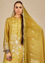 Load image into Gallery viewer, Mustard Yellow Digital Printed Cotton Silk Suit With Parsi Embroidery work