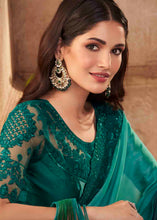 Load image into Gallery viewer, Teal Blue Designer Embroidered Satin Silk Saree with Sequence work