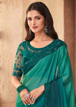 Load image into Gallery viewer, Teal Blue Designer Embroidered Satin Silk Saree with Sequence work