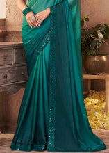 Load image into Gallery viewer, Teal Blue Designer Embroidered Satin Silk Saree with Sequence work
