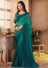 Load image into Gallery viewer, Teal Blue Designer Embroidered Satin Silk Saree with Sequence work