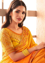 Laden Sie das Bild in den Galerie-Viewer, Shades Of Orange Designer Embroidered Satin Silk Saree with Sequence work