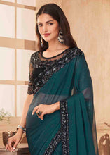 Load image into Gallery viewer, Prussian Blue Designer Embroidered Satin Silk Saree with Sequence work