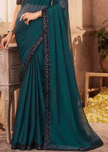 Load image into Gallery viewer, Prussian Blue Designer Embroidered Satin Silk Saree with Sequence work