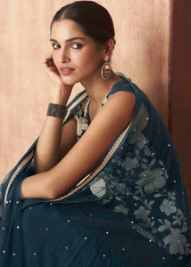Prussian Blue Georgette Designer Lehenga Suit with Embroidery work