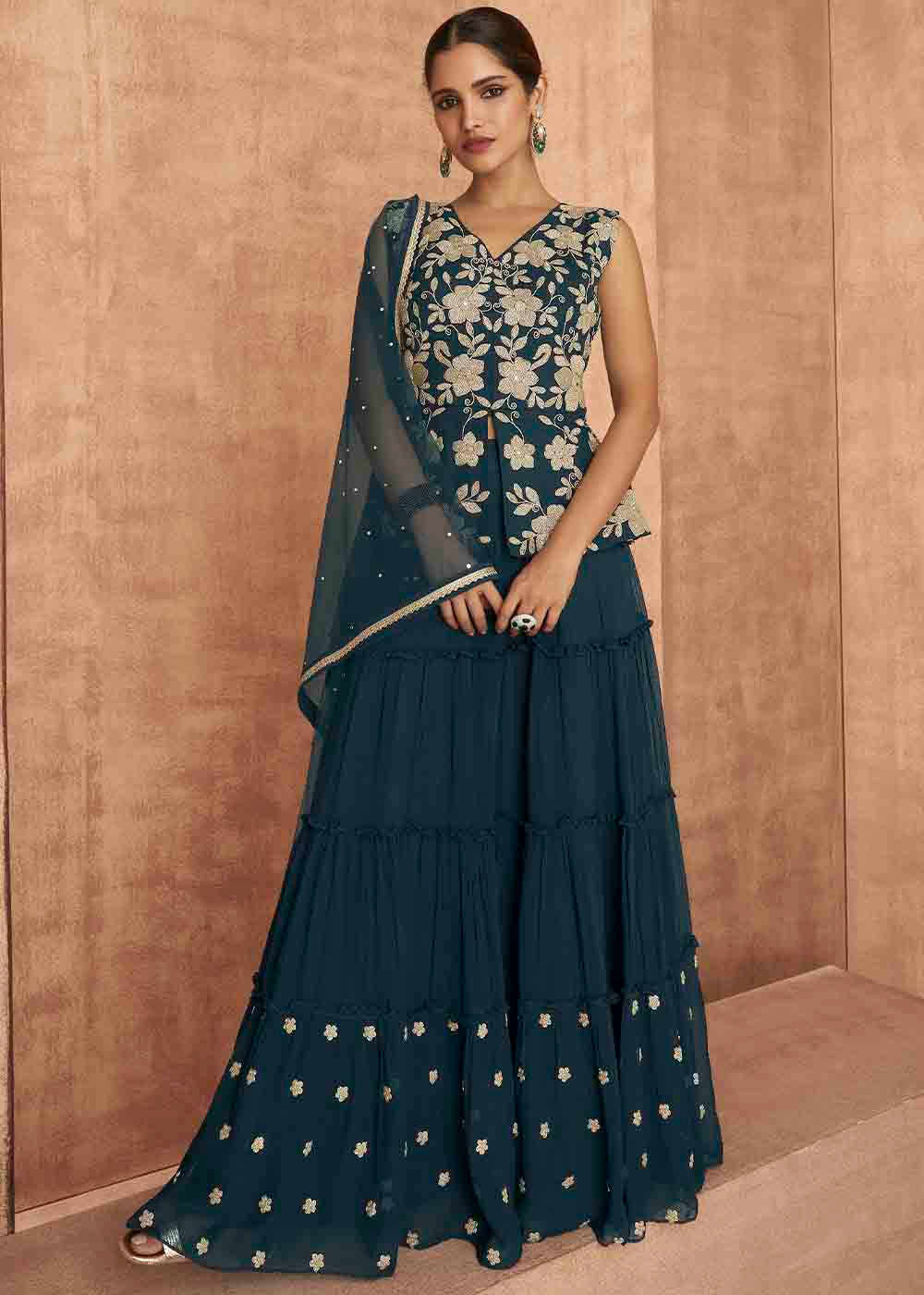 Prussian Blue Georgette Designer Lehenga Suit with Embroidery work