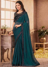 Load image into Gallery viewer, Prussian Blue Designer Embroidered Satin Silk Saree with Sequence work