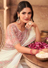 Load image into Gallery viewer, Pearl White Designer Embroidered Satin Silk Saree with Sequence work