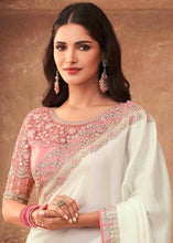 Load image into Gallery viewer, Pearl White Designer Embroidered Satin Silk Saree with Sequence work