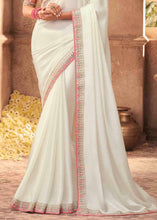 Load image into Gallery viewer, Pearl White Designer Embroidered Satin Silk Saree with Sequence work