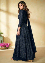 Load image into Gallery viewer, Denim Blue Embroidered Georgette Plazzo Suit