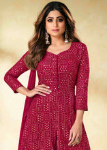 Load image into Gallery viewer, Ruby Pink Embroidered Georgette Plazzo Suit