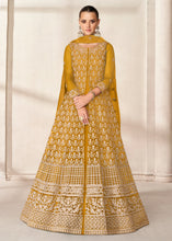 Load image into Gallery viewer, Mustard Yellow Net Anarkali Suit with Heavy Embroidey work