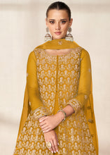 Load image into Gallery viewer, Mustard Yellow Net Anarkali Suit with Heavy Embroidey work