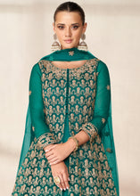 Load image into Gallery viewer, Teal Green Net Anarkali Suit with Heavy Embroidey work
