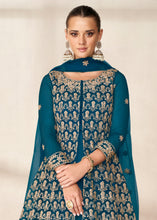 Load image into Gallery viewer, Prussian Blue Net Anarkali Suit with Heavy Embroidey work