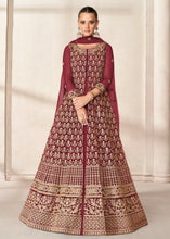Load image into Gallery viewer, Maroon Red Net Anarkali Suit with Heavy Embroidey work