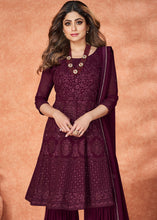 Load image into Gallery viewer, Mulberry Purple Embroidered Georgette Plazzo Suit