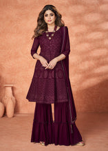 Load image into Gallery viewer, Mulberry Purple Embroidered Georgette Plazzo Suit